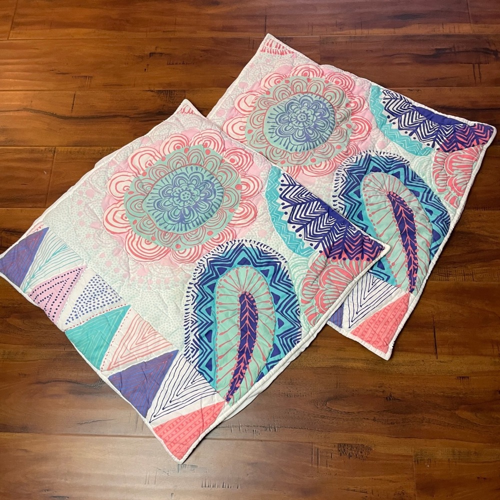 2 PB Teen Keala Quilted Euro Shams 24x24 Pink Boho Paisley Mandala Geometric